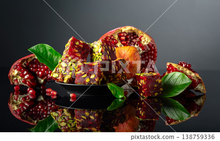 Turkish pomegranate delight with pistachio and pieces of fresh pomegranate. Turkish pomegranate delight with pistachio and pieces of fresh pomegranate. 138759336