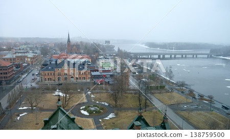 Sunset over Downtown Umea, Sweden and its river. 138759500