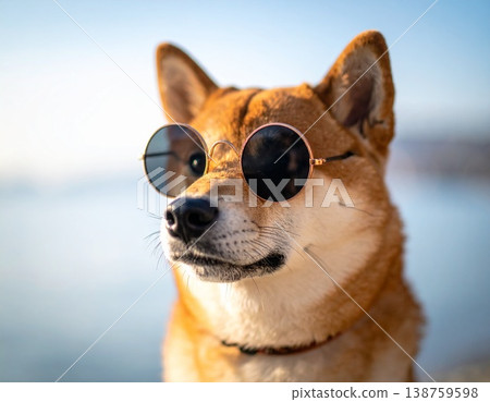 日落時分，一隻戴著墨鏡的柴犬在海灘上漫步。 138759598
