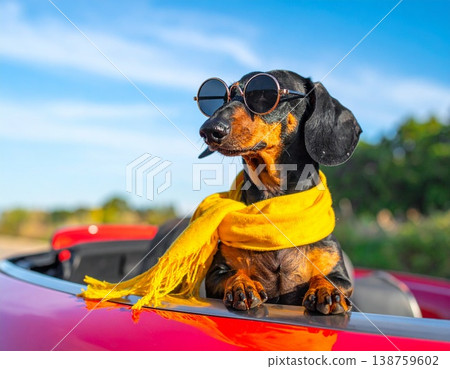 一隻繫著黃色圍巾的臘腸犬坐在紅色汽車裡 138759602