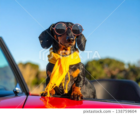一隻臘腸犬，開著一輛紅色汽車，圍著一條黃色圍巾，戴著太陽眼鏡。 138759604