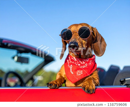 一輛紅色汽車裡坐著一隻棕色臘腸犬，它戴著紅色頭巾和太陽眼鏡。 138759606