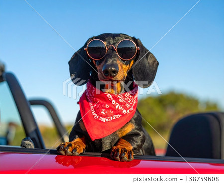 一輛紅色汽車裡坐著一隻深棕色的臘腸犬，它還戴著一條紅色頭巾。 138759608