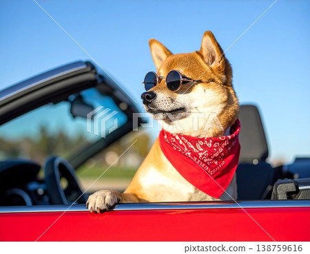 一隻戴著紅色頭巾和太陽眼鏡的柴犬坐在一輛紅色汽車裡 138759616