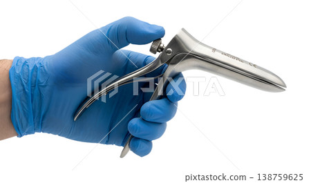 Blue-gloved surgical hand holding a metal graves speculum, representing gynecological examination and medical instrument handling Blue-gloved surgical hand holding a metal graves speculum, representing gynecological examination and medical instrument handling 138759625