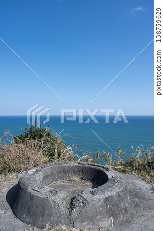 View of the Pacific Ocean and the remains of a gun battery from Taitosaki Observatory, Chiba Prefecture View of the Pacific Ocean and the remains of a gun battery from Taitosaki Observatory, Chiba Prefecture 138759629