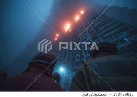 Fire brigade crew fights multi story building blaze while rescuers work to save lives 138759682