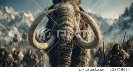 Mammoth hunt in primeval mountains with primitive people ready to attack 138759684