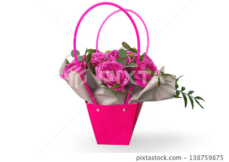 A bouquet of pink peony roses with green leaves in elegant packaging and a pink basket isolated on a white background. A flower gift for a special occasion. A bouquet of pink peony roses with green leaves in elegant packaging and a pink basket isolated on a white background. A flower gift for a special occasion. 138759875