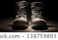 Worker boots in dark lighting showing signs of use from long hours on the job 138759893