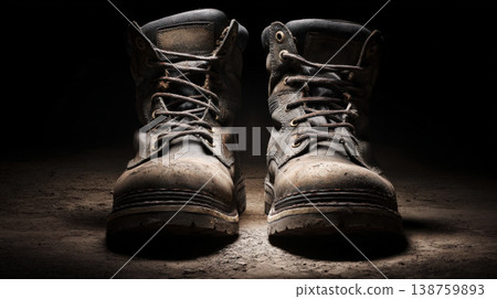 Worker boots in dark lighting showing signs of use from long hours on the job 138759893