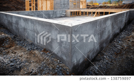 Construction foundation showing concrete walls and unfinished framework at a building site Construction foundation showing concrete walls and unfinished framework at a building site 138759897