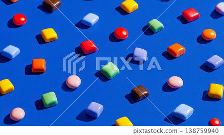 Multicolored chocolate candies spread on deep blue surface in playful arrangement 138759940