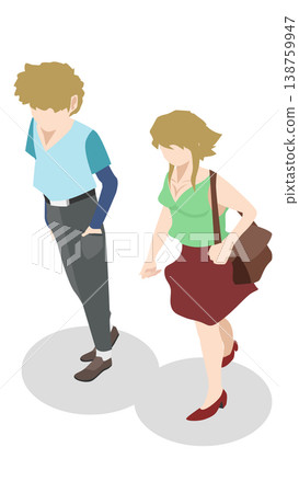Isometric vector Vertical illustration of a young man and woman asia walking together. Flat design people characters isolated on white background.nd. Isometric vector Vertical illustration of a young man and woman asia walking together. Flat design people characters isolated on white background.nd. 138759947