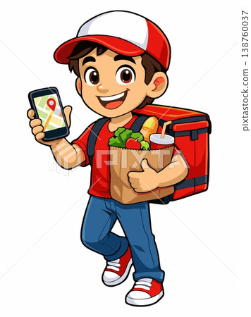 Cartoon Illustration of a Smiling Food Delivery Courier While Carrying an Order 138760037