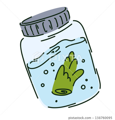 Glass jar with a lid containing a clear liquid and a plant shoot inside, plant research, garden laboratory 138760095