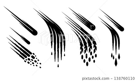 Black Solid Meteor Shower Streak Silhouettes Set of Six on White Background 138760110