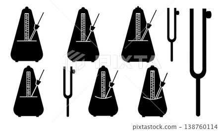 Black Solid Metronome Silhouettes Set of Six on White Background Black Solid Metronome Silhouettes Set of Six on White Background 138760114