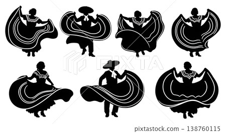 Black Solid Mexican Folklorico Silhouettes Set of Six on White Background Black Solid Mexican Folklorico Silhouettes Set of Six on White Background 138760115