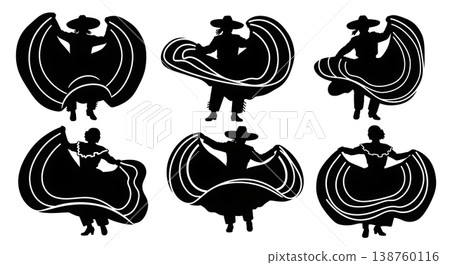 Black Solid Mexican Folklorico Silhouettes Set of Six on White Background Black Solid Mexican Folklorico Silhouettes Set of Six on White Background 138760116