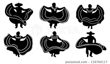 Black Solid Mexican Folklorico Silhouettes Set of Six on White Background Black Solid Mexican Folklorico Silhouettes Set of Six on White Background 138760117