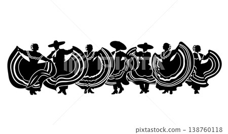 Black Solid Mexican Folklorico Silhouettes Set of Six on White Background Black Solid Mexican Folklorico Silhouettes Set of Six on White Background 138760118