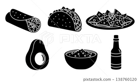 Black Solid Mexican Food Silhouettes Set of Six on White Background 138760120