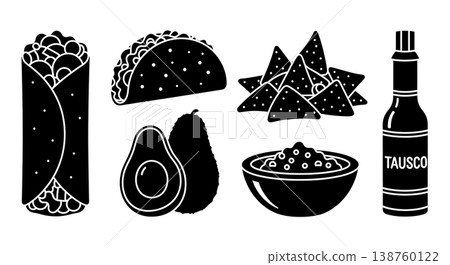 Black Solid Mexican Food Silhouettes Set of Six on White Background 138760122