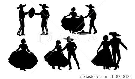 Black Solid Mexican Hat Dance Silhouettes Set of Six on White Background Black Solid Mexican Hat Dance Silhouettes Set of Six on White Background 138760123