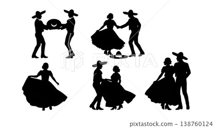 Black Solid Mexican Hat Dance Silhouettes Set of Six on White Background 138760124