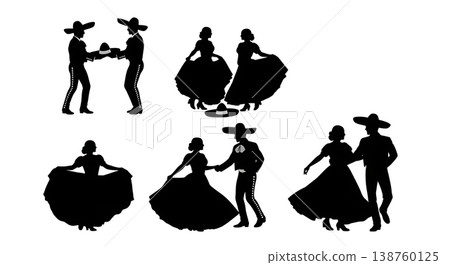 Black Solid Mexican Hat Dance Silhouettes Set of Six on White Background Black Solid Mexican Hat Dance Silhouettes Set of Six on White Background 138760125