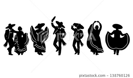 Black Solid Mexican Hat Dance Silhouettes Set of Six on White Background Black Solid Mexican Hat Dance Silhouettes Set of Six on White Background 138760126