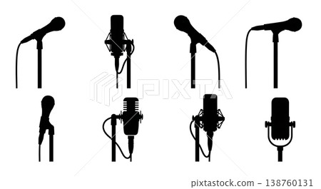 Black Solid Microphone Silhouettes Set of Six on White Background Black Solid Microphone Silhouettes Set of Six on White Background 138760131