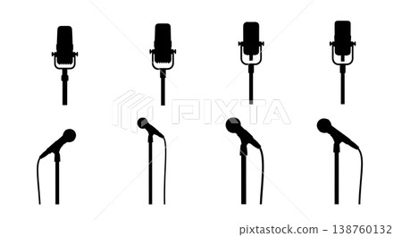Black Solid Microphone Silhouettes Set of Six on White Background Black Solid Microphone Silhouettes Set of Six on White Background 138760132