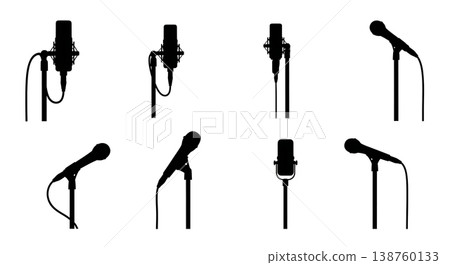 Black Solid Microphone Silhouettes Set of Six on White Background Black Solid Microphone Silhouettes Set of Six on White Background 138760133