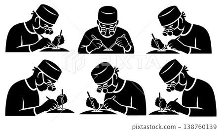 Black Solid Micro Surgeon Silhouettes Set of Six on White Background Black Solid Micro Surgeon Silhouettes Set of Six on White Background 138760139