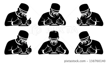 Black Solid Micro Surgeon Silhouettes Set of Six on White Background Black Solid Micro Surgeon Silhouettes Set of Six on White Background 138760140