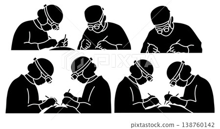 Black Solid Micro Surgeon Silhouettes Set of Six on White Background 138760142