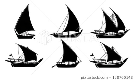 Black Solid Traditional Middle Eastern Dhows and Feluccas Silhouettes Set of Six on White Background 138760148