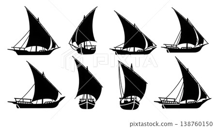 Black Solid Traditional Middle Eastern Dhows and Feluccas Silhouettes Set of Six on White Background 138760150