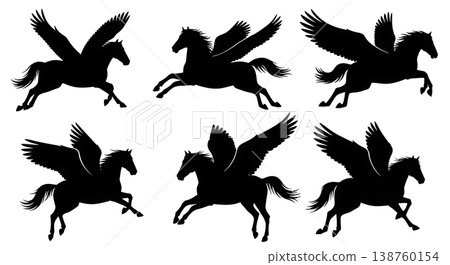 Black Solid Midnight Glide Pegasus Silhouettes Set of Six on White Background Black Solid Midnight Glide Pegasus Silhouettes Set of Six on White Background 138760154