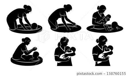 Black Solid Midwife Silhouettes Set of Six on White Background Black Solid Midwife Silhouettes Set of Six on White Background 138760155