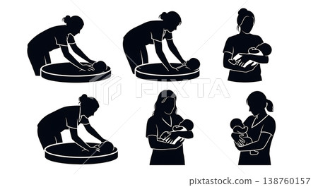 Black Solid Midwife Silhouettes Set of Six on White Background Black Solid Midwife Silhouettes Set of Six on White Background 138760157