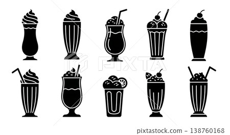 Black Solid Milkshake Silhouettes Set of Six on White Background 138760168