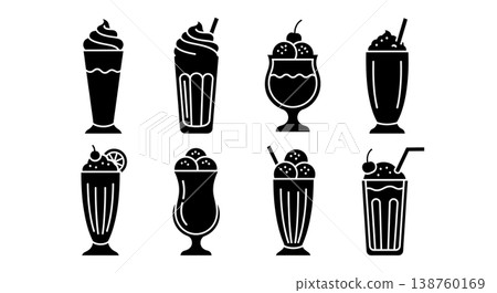 Black Solid Milkshake Silhouettes Set of Six on White Background 138760169