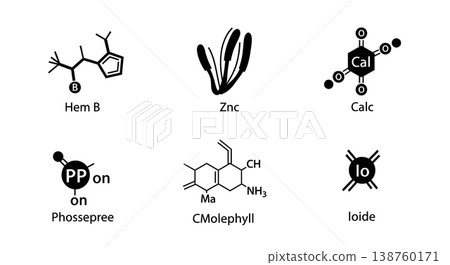 Black Solid Mineral Nutrient Molecular Silhouettes Set of Six on White Background Black Solid Mineral Nutrient Molecular Silhouettes Set of Six on White Background 138760171