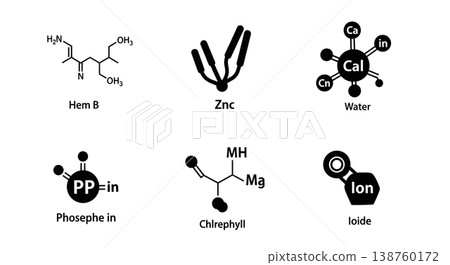 Black Solid Mineral Nutrient Molecular Silhouettes Set of Six on White Background Black Solid Mineral Nutrient Molecular Silhouettes Set of Six on White Background 138760172