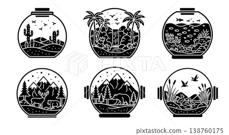 Set of Six Black Solid Miniature Ecosystem and Terrarium Silhouettes Set of Six Black Solid Miniature Ecosystem and Terrarium Silhouettes 138760175