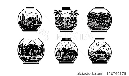 Set of Six Black Solid Miniature Ecosystem and Terrarium Silhouettes Set of Six Black Solid Miniature Ecosystem and Terrarium Silhouettes 138760176