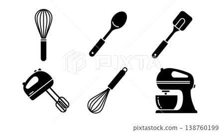 Black Solid Kitchen Mixing Utensils Silhouettes Set of Six on White Background 138760199